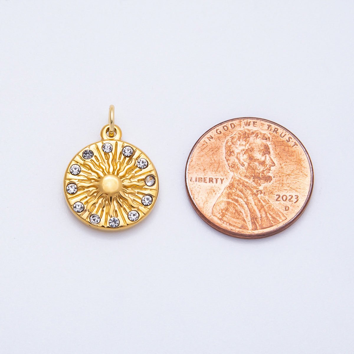 PVD Stainless Steel 16mm Clear CZ Celestial Sun Round Charm | Charms-00708