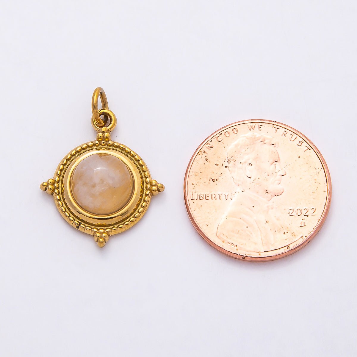 PVD Stainless Steel 18mm Rose Quartz Gemstone Dotted Round Charm | Charms-00806