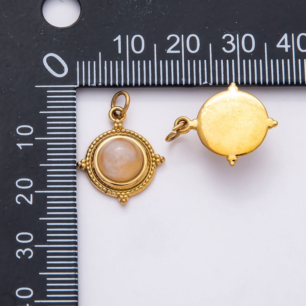 PVD Stainless Steel 18mm Rose Quartz Gemstone Dotted Round Charm | Charms-00806