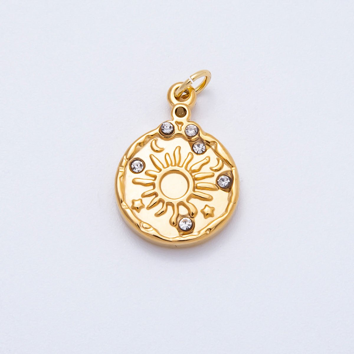 PVD Stainless Steel 19mm Clear CZ Celestial Sun Medallion Charm | Charms-00711