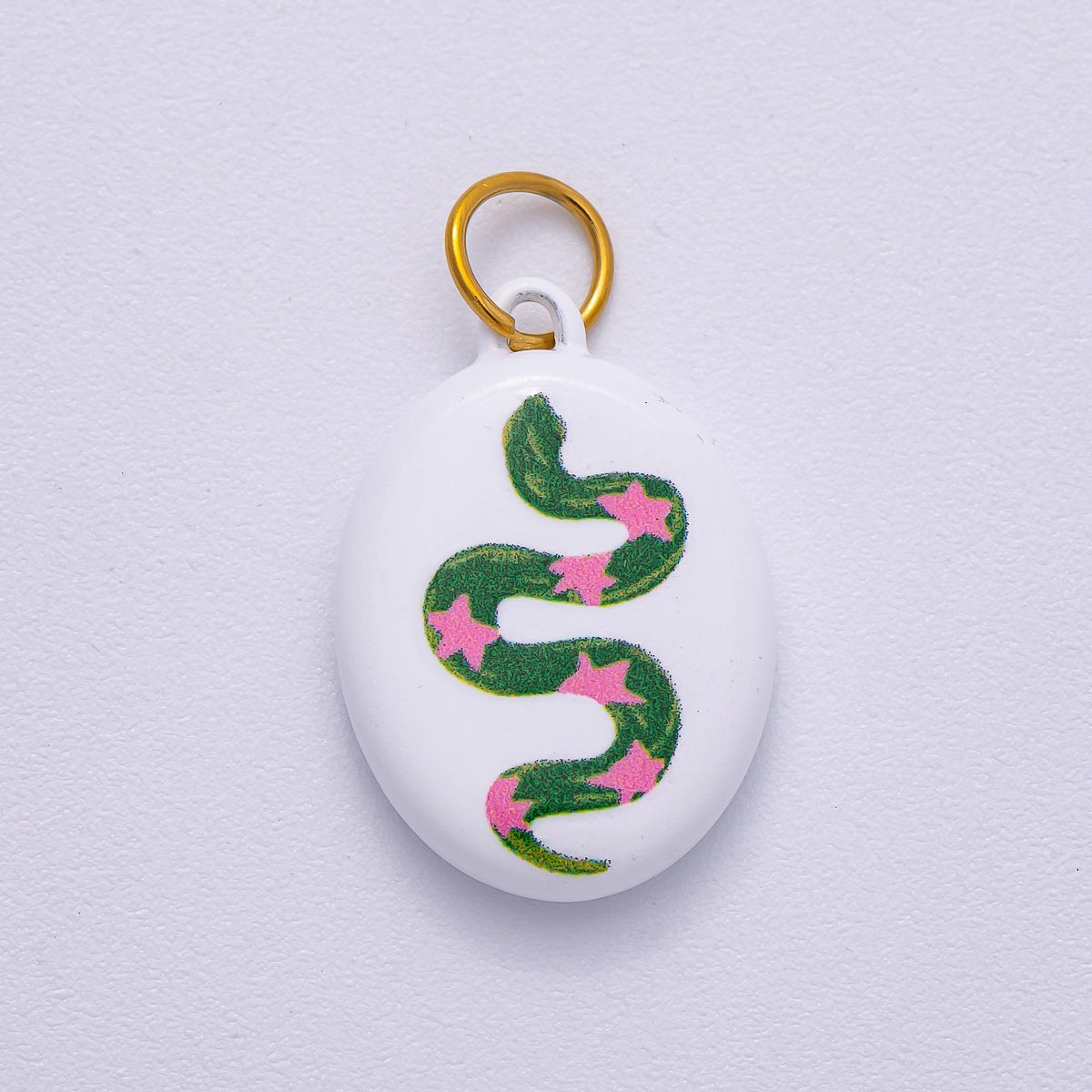 PVD Stainless Steel 20mm Green Snake Pink Star White Enamel Oval Charm | Charms-00503