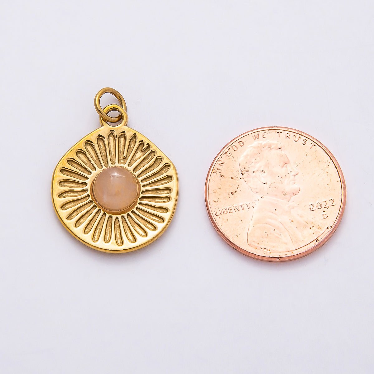 PVD Stainless Steel 21mm Rose Quartz Gemstone Sunburst Round Charm | Charms-00800