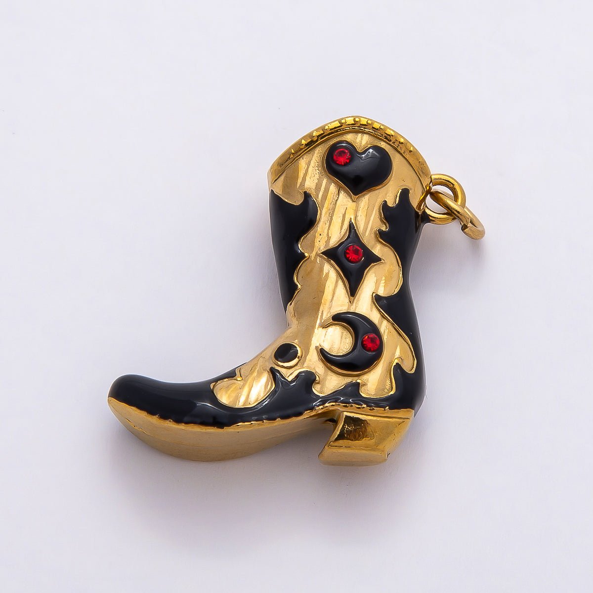 PVD Stainless Steel 27mm Clear, Red CZ Black Enamel Western Cowboy Boot Charm in Gold & Silver | Charms-00782 ~ Charms-00785
