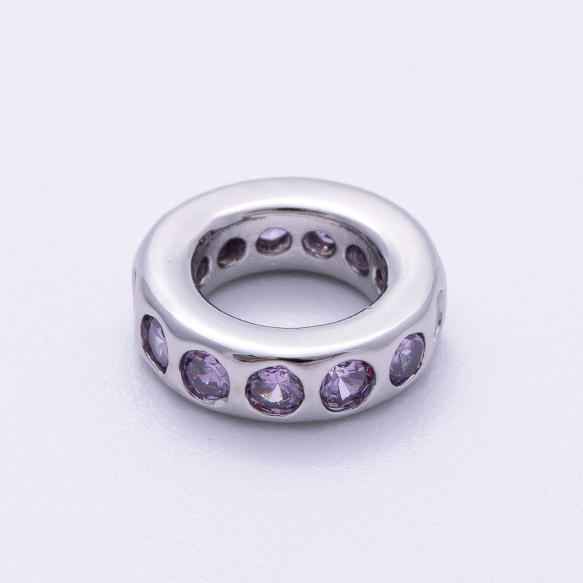 Rhodium Plated 10mm Personalized Round Beaded Birthstone CZ Rondelle Spacer Set | Beads-00260 ~ Beads-00271