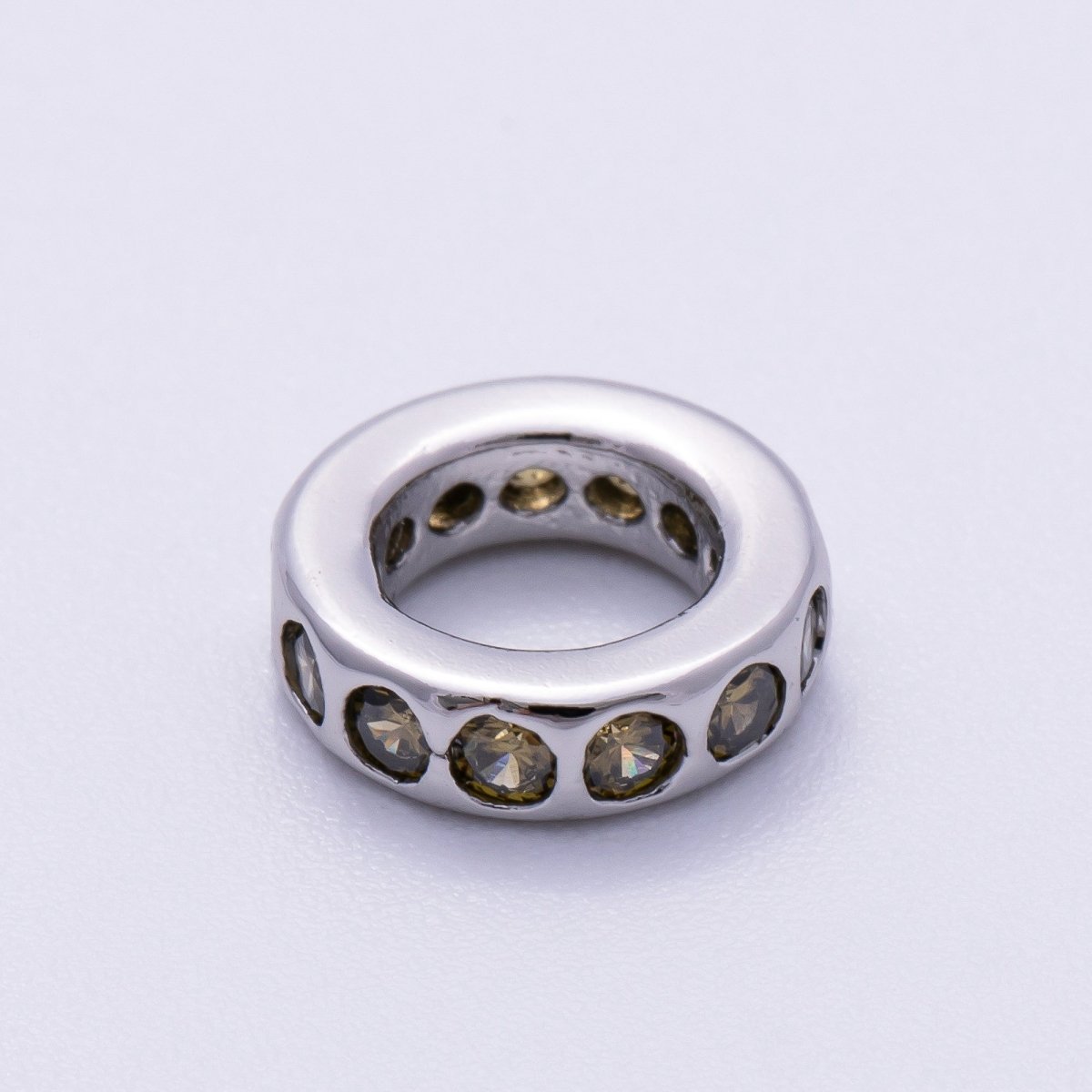 Rhodium Plated 10mm Personalized Round Beaded Birthstone CZ Rondelle Spacer Set | Beads-00260 ~ Beads-00271