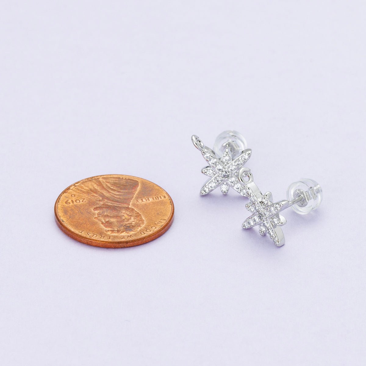 Rhodium Plated 14mm Micro Paved CZ Celestial North Star Drop Stud Earrings | Findings-00087