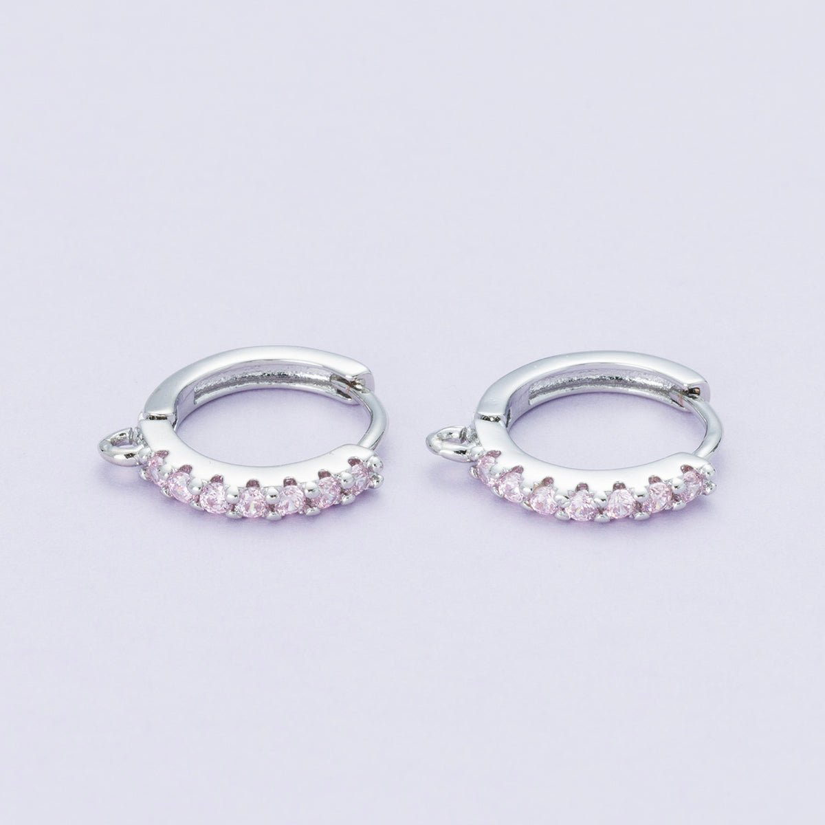 Rhodium Plated 14mm Pink, Turquoise CZ Micro Paved Open Loop Drop Huggie Earrings | Findings-00085