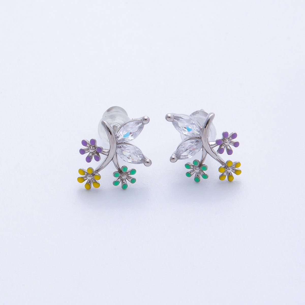 Rhodium Plated 15mm CZ Enamel Butterfly Wing Flower Stud | Earrings-00229