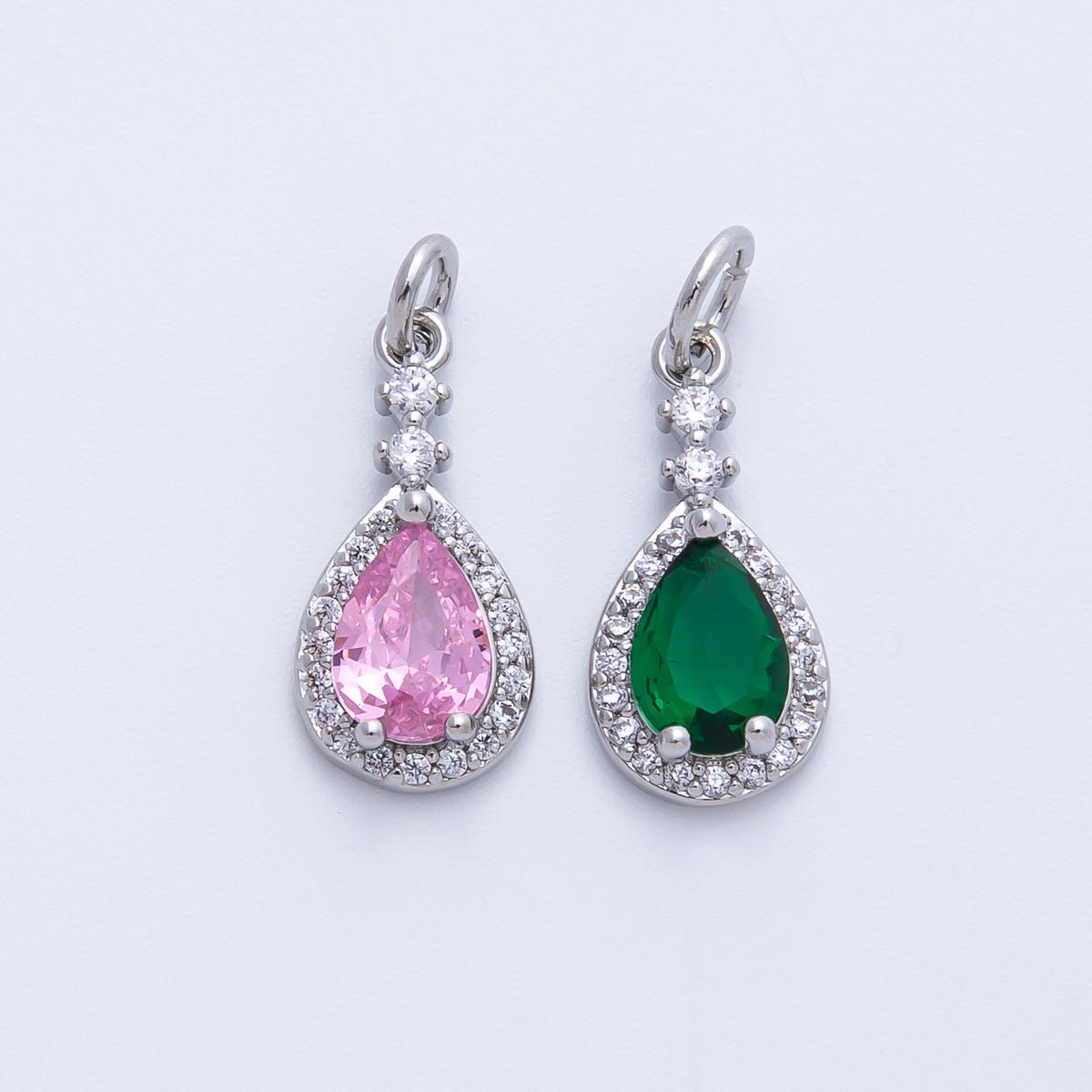 Rhodium Plated 16mm Pink, Green Micro Paved CZ Teardrop Charm | Charms-00350 Charms-00351