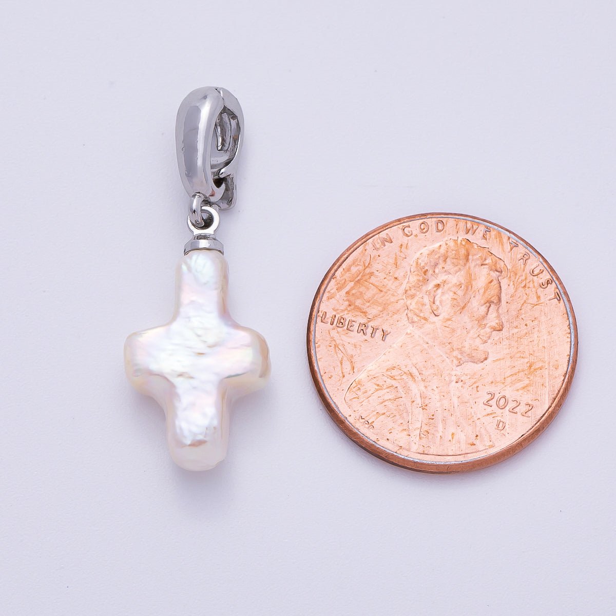 Rhodium Plated 18mm White Freshwater Pearl Religious Cross Pendant | Charms-00475
