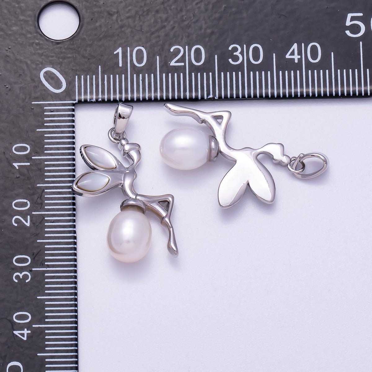Rhodium Plated 26mm Shell Pearl Fairy Elf Pendant | Charms-00646