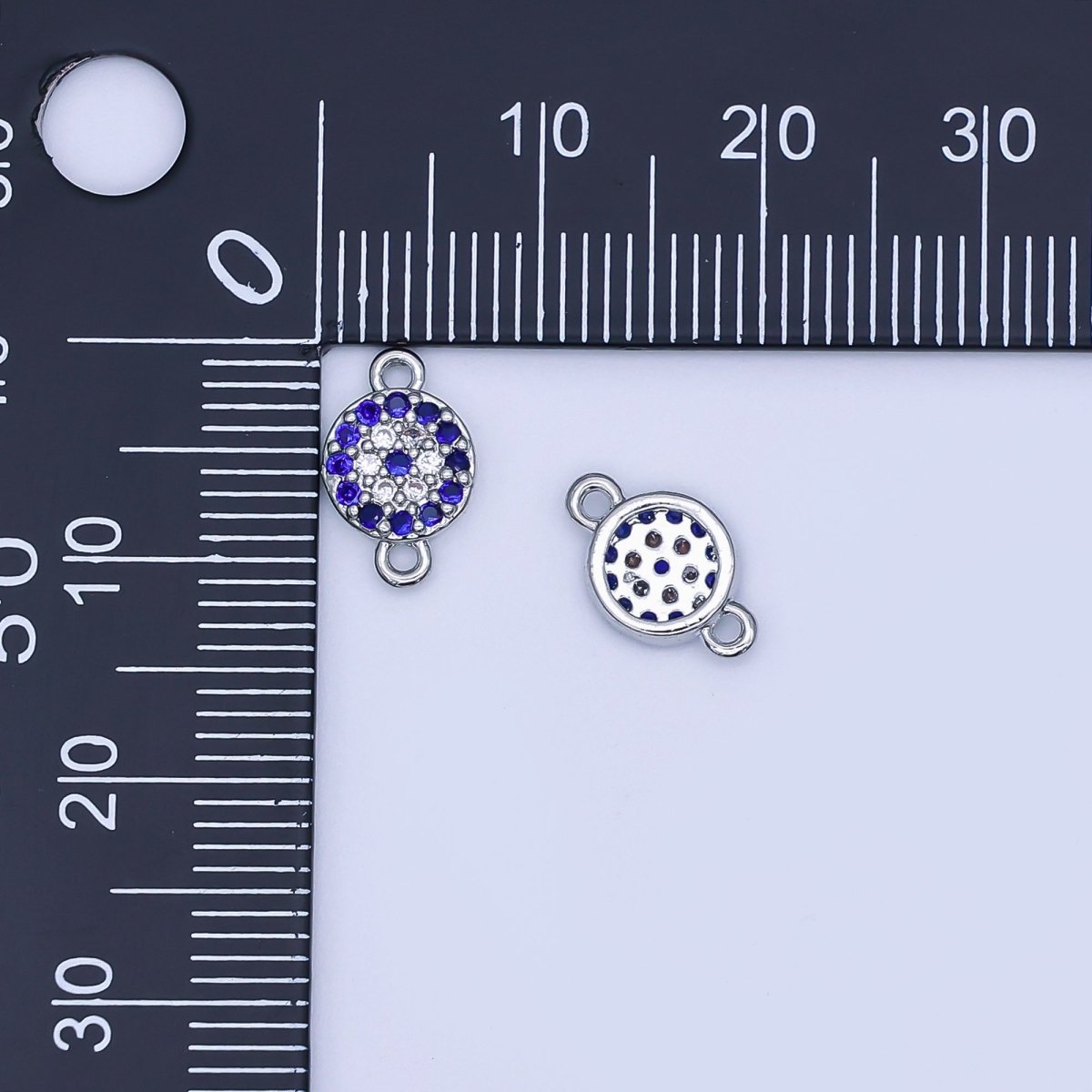 Rhodium Plated Blue Micro Paved CZ Evil Eye 7mm Round Mini Connector | Y029