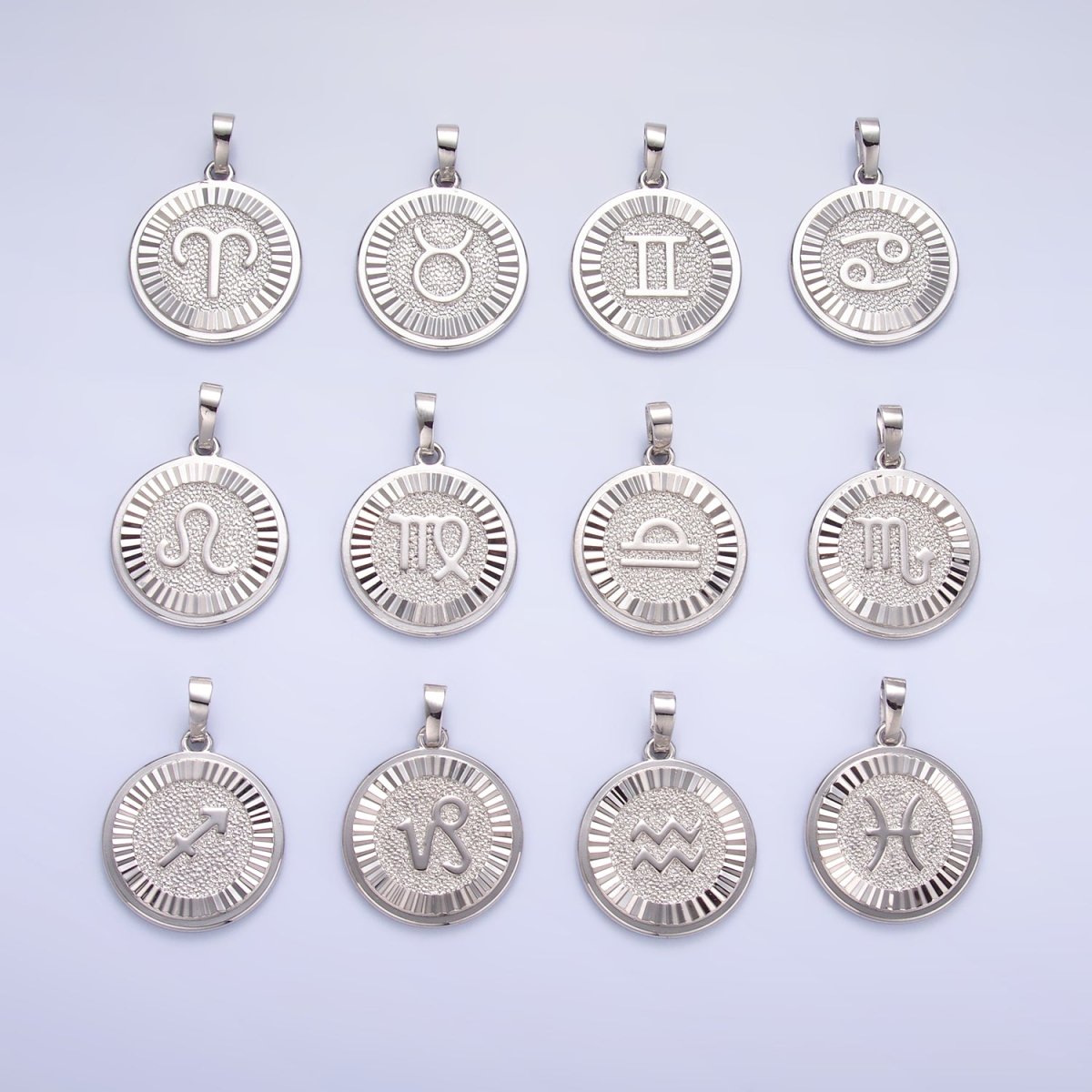Rhodium Plated Zodiac Sign Sunburst Round Pendant | A1301 - A1306