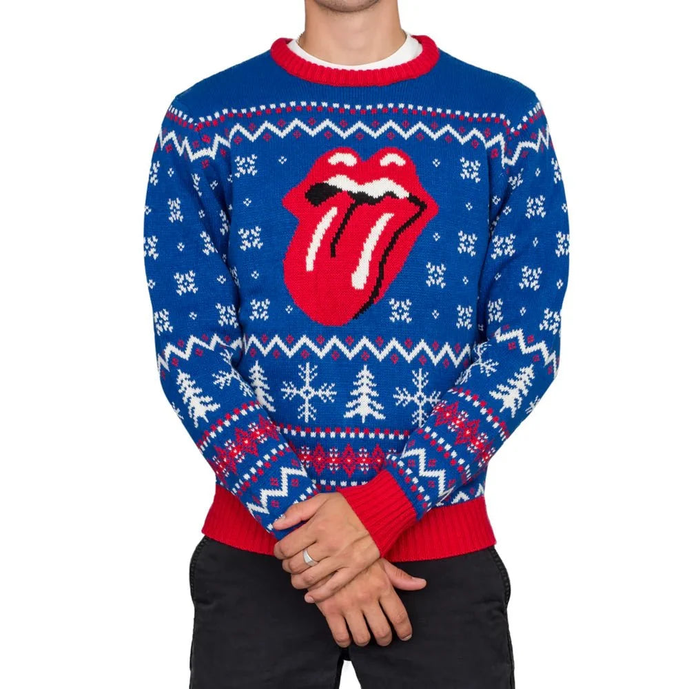 Rolling Stones Lips Logo Adult Unisex Blue Ugly Christmas Sweater