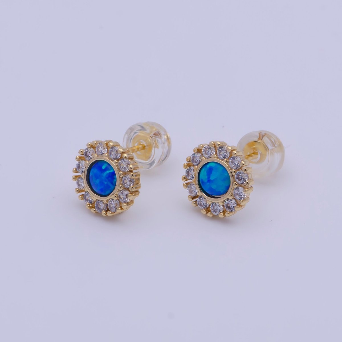 Round White/Blue Opal Micro Paved CZ Studs with Loop Earring Supply L-921 L-922