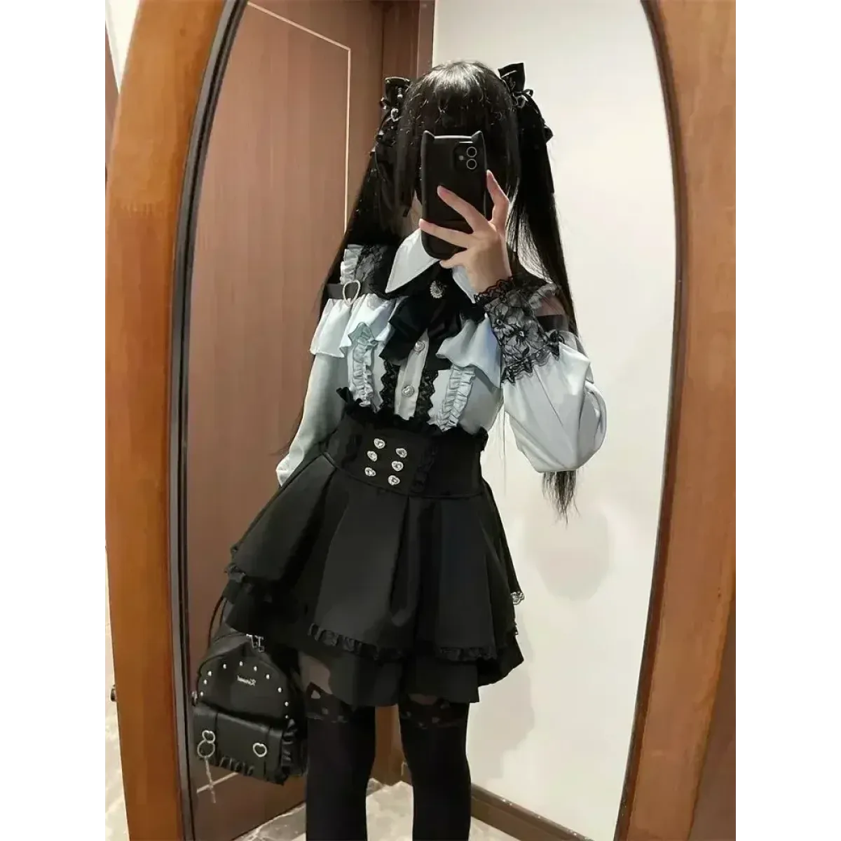 Y2K Off Shoulder Shirt and Ruched Lace Skirt Set