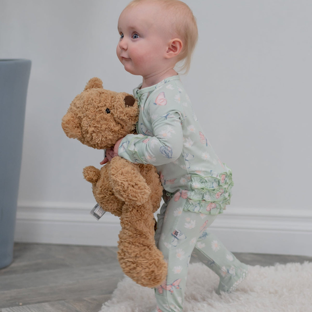 Mint Butterfly Daisy Bamboo Ruffle Baby Footie