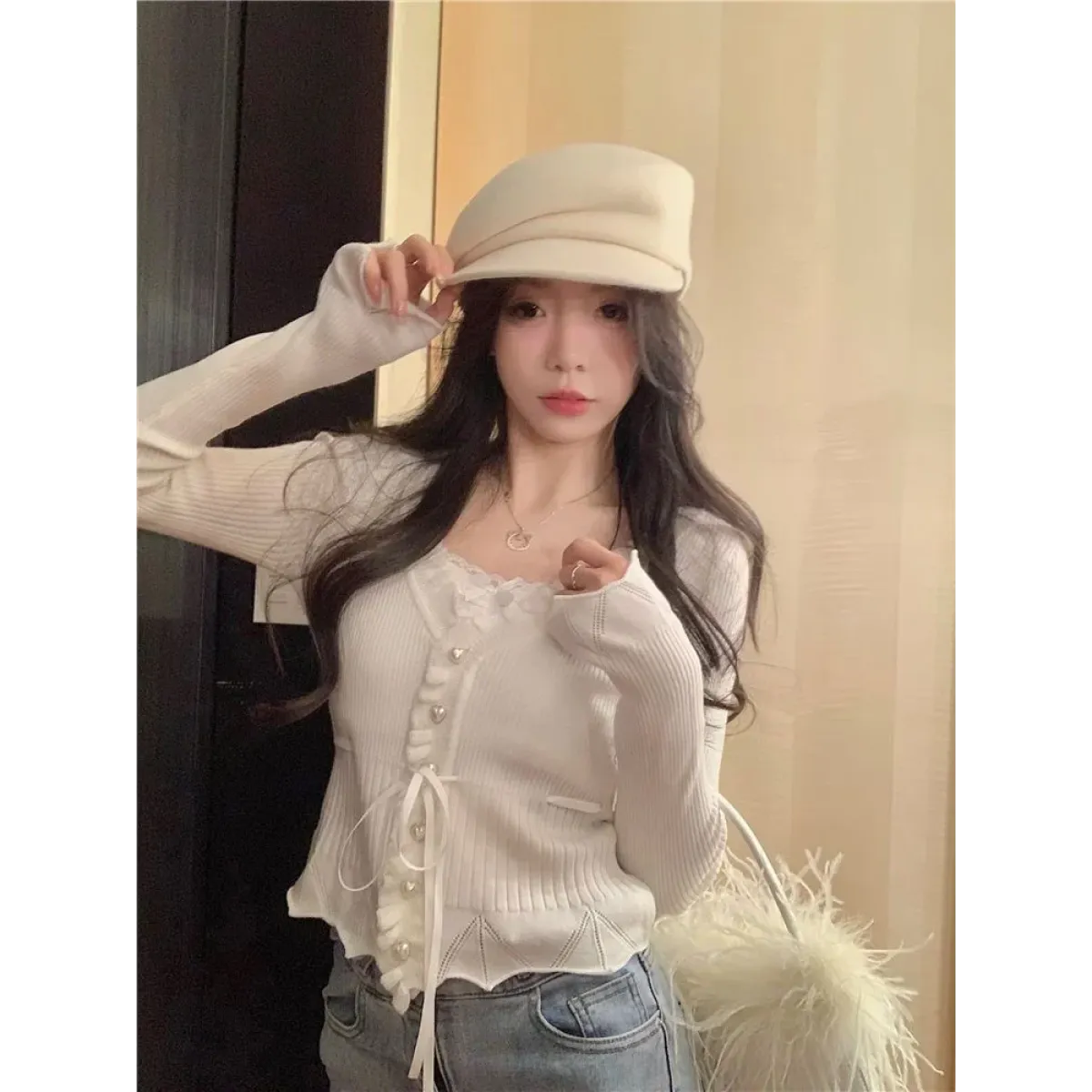 Ruffle Knit Cardigan – Harajuku Lace Trim Slim Fit Sweater