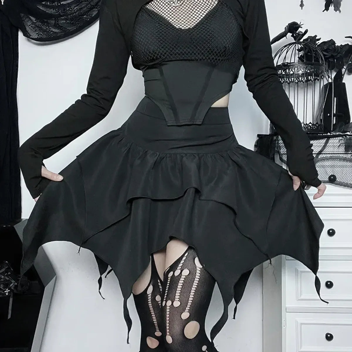 Gothic Punk Ruffle Skirt – Irregular Hem Drawstring Tie-Up Mini Skirt