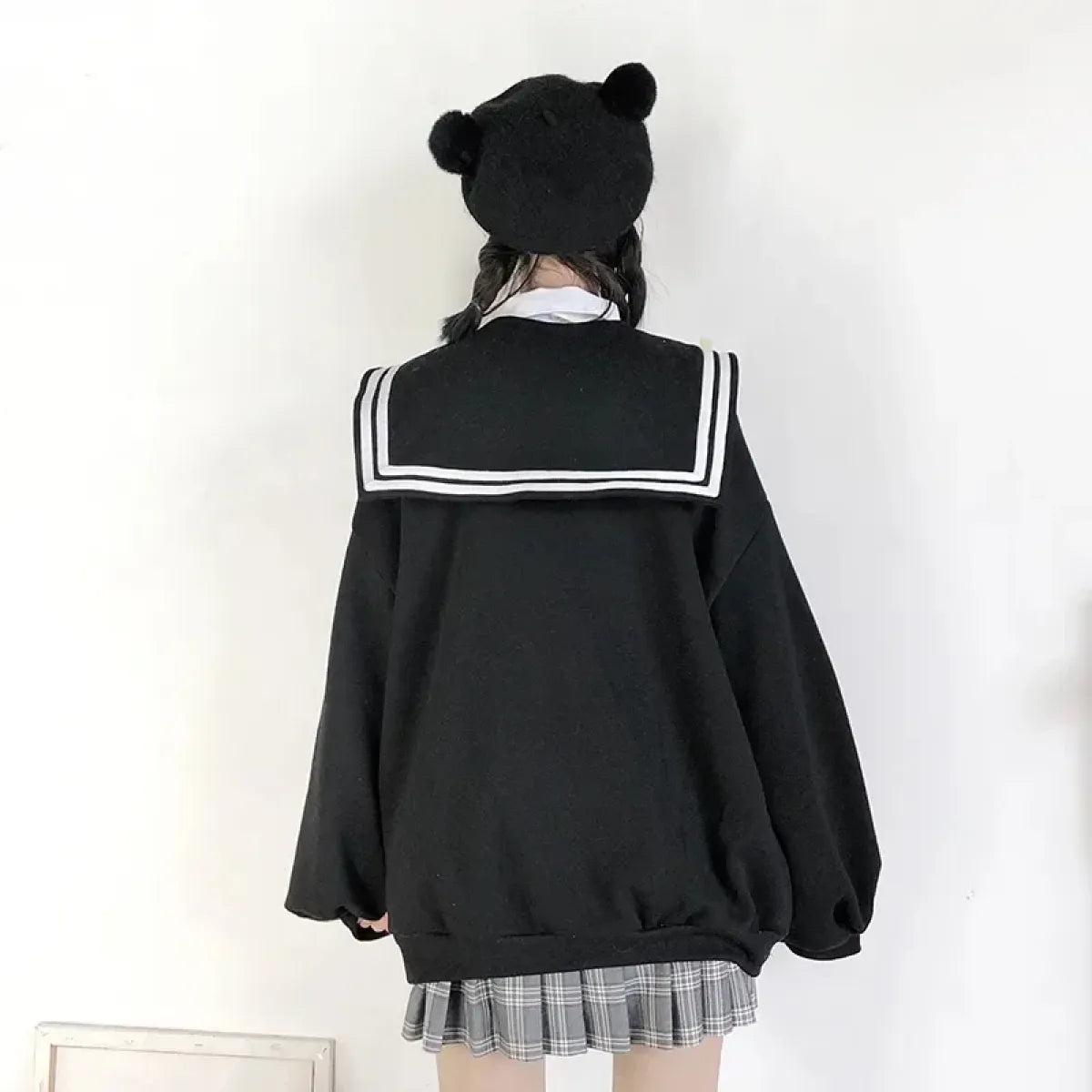 Black Sailor Collar Hoodie – Kawaii Preppy Lolita Sweatshirt