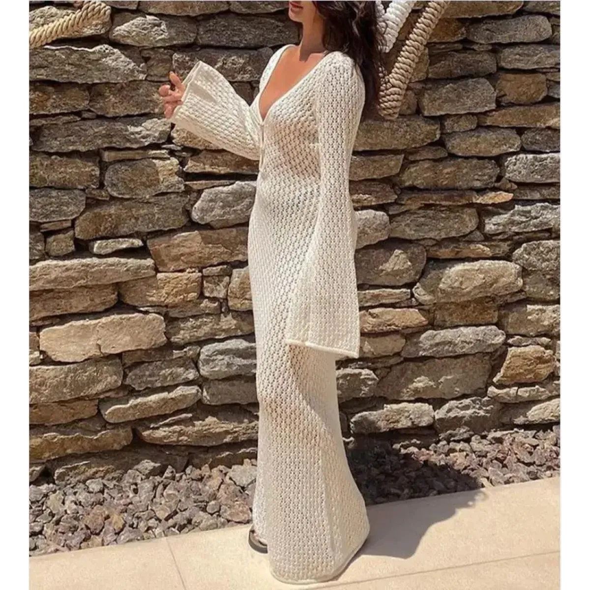 Sexy Women Long Knit Beach Dress Hollow-Out Deep V-Neck Long Sleeve Bikini Cover-Ups Dress Fall Backless Holiday Dress