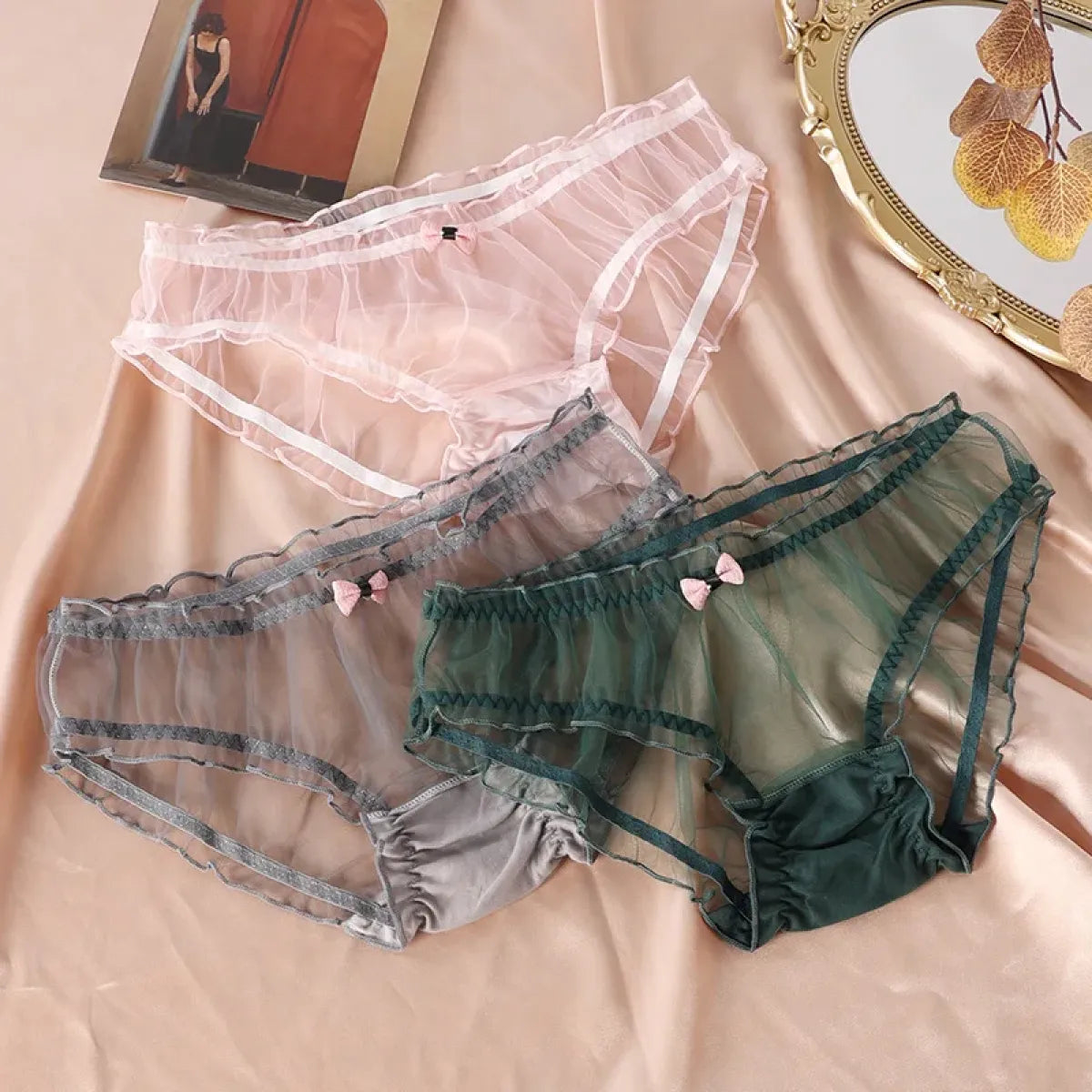 Sheer Lace Mesh Low Waist Panties with Bows – Sexy Transparent Lingerie