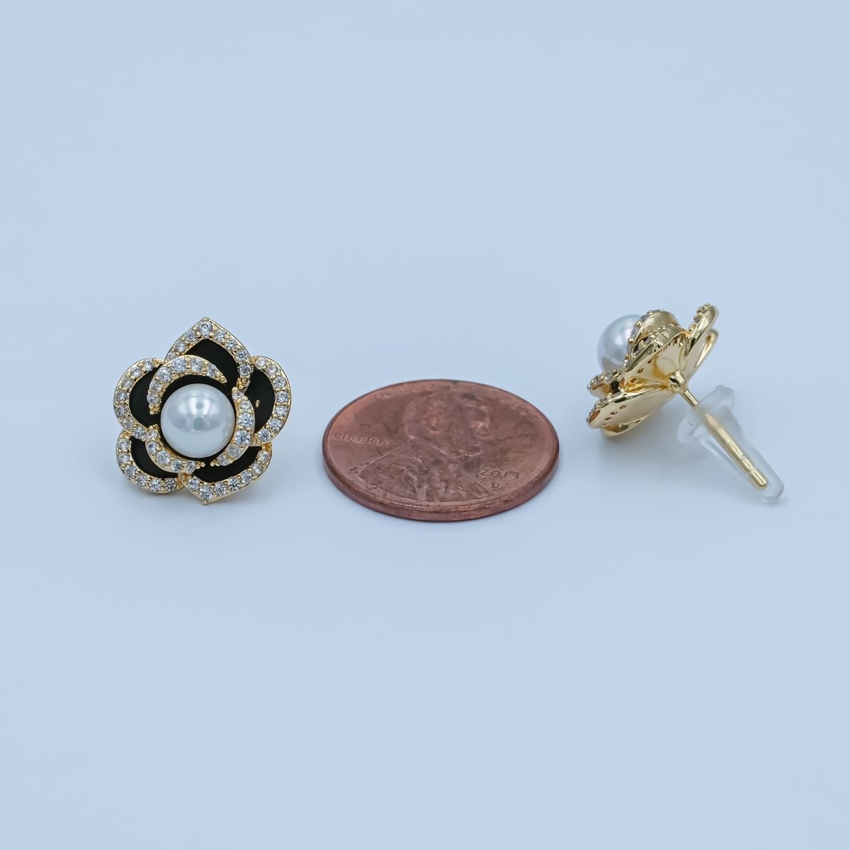 Shell Pearl Micro Paved CZ Black Flower Stud Earrings in Gold & Silver | AD1361 AD1443