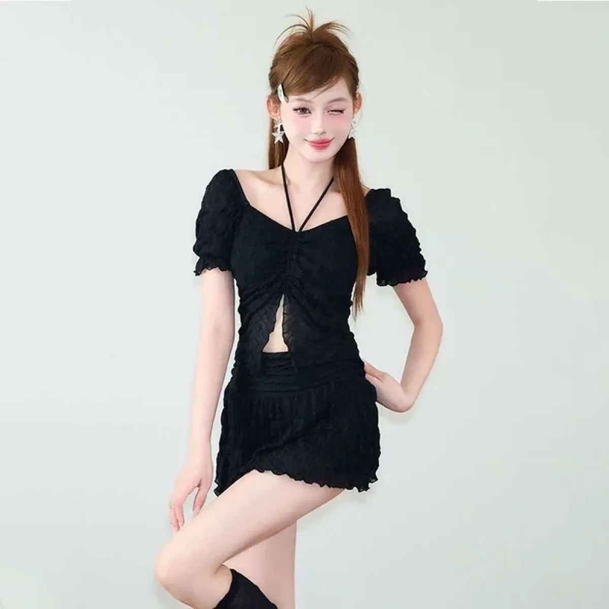 Ruffle Sleeve Bikini Set – Lace Trim Puff Top with Skirt Cover-Up