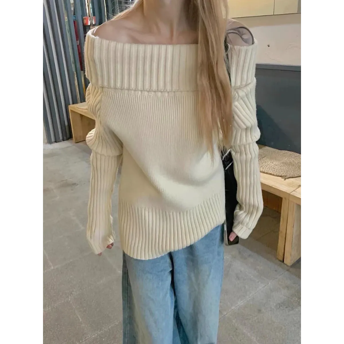 Beige Off Shoulder Knit Sweater – Elegant Harajuku Long Sleeve Pullover