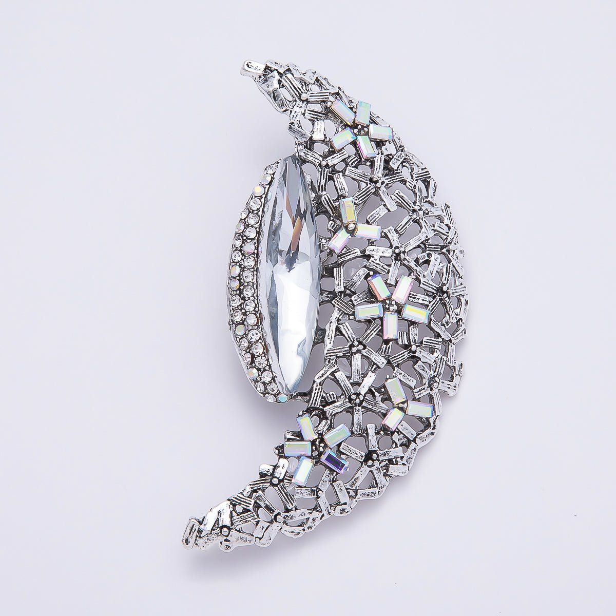 Silver 130mm x 37mm Green, Clear Rhinestone Flower Crescent Moon Pin Brooch | BH-128 BH-129
