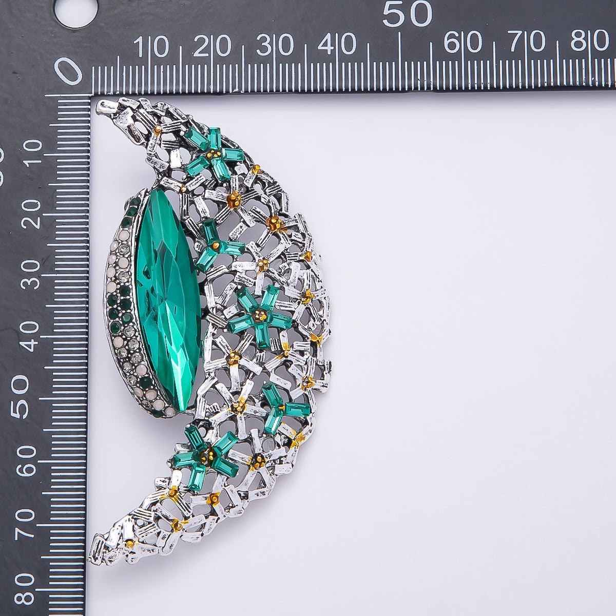 Silver 130mm x 37mm Green, Clear Rhinestone Flower Crescent Moon Pin Brooch | BH-128 BH-129
