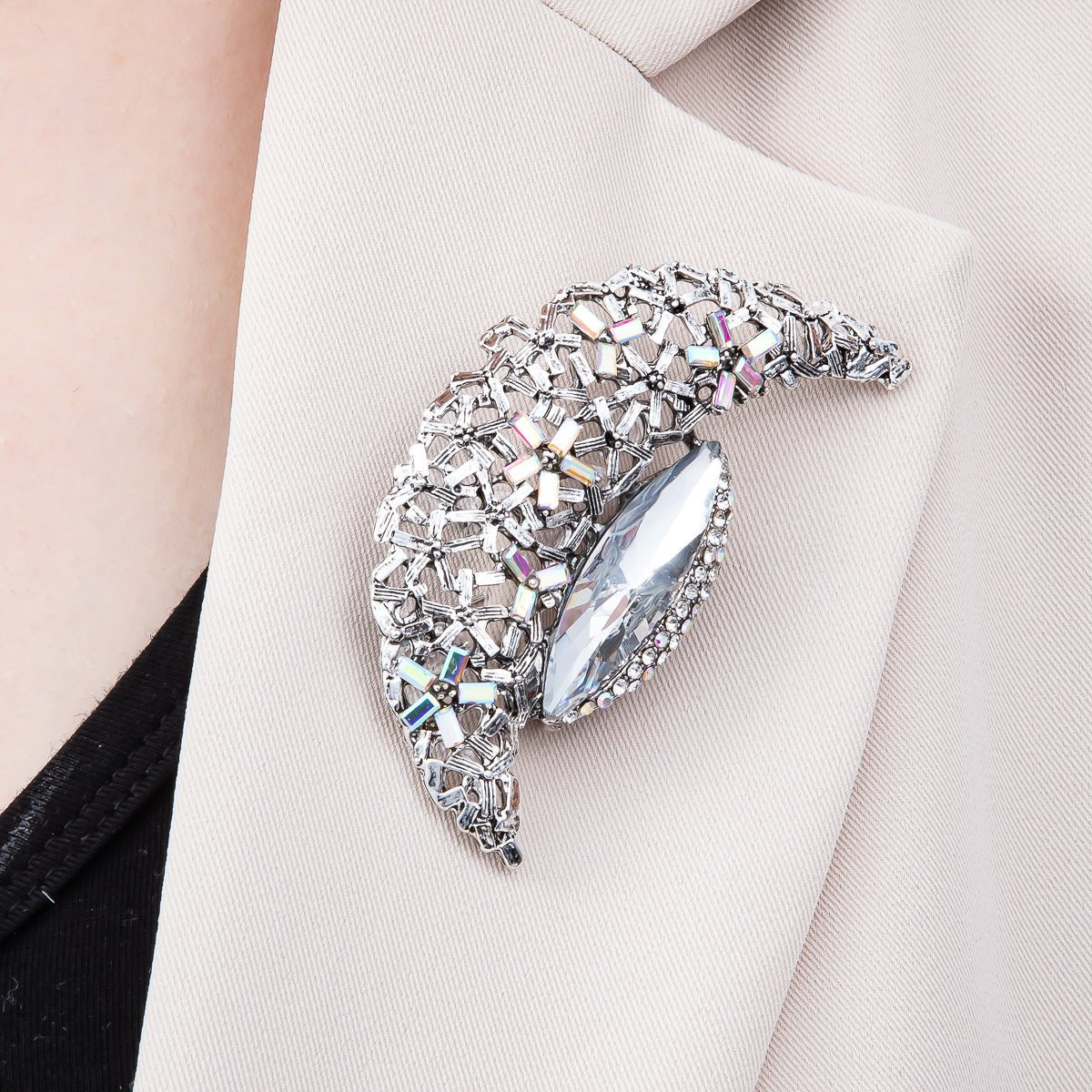 Silver 130mm x 37mm Green, Clear Rhinestone Flower Crescent Moon Pin Brooch | BH-128 BH-129
