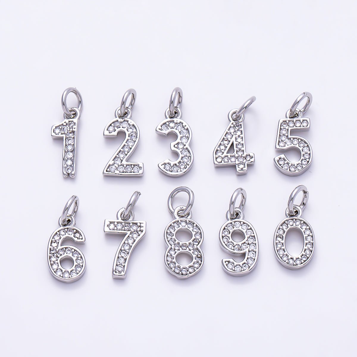 Silver 14mm Number 0-9 Clear Micro Paved CZ Charm | Charms-01527 ~ Charms-01536