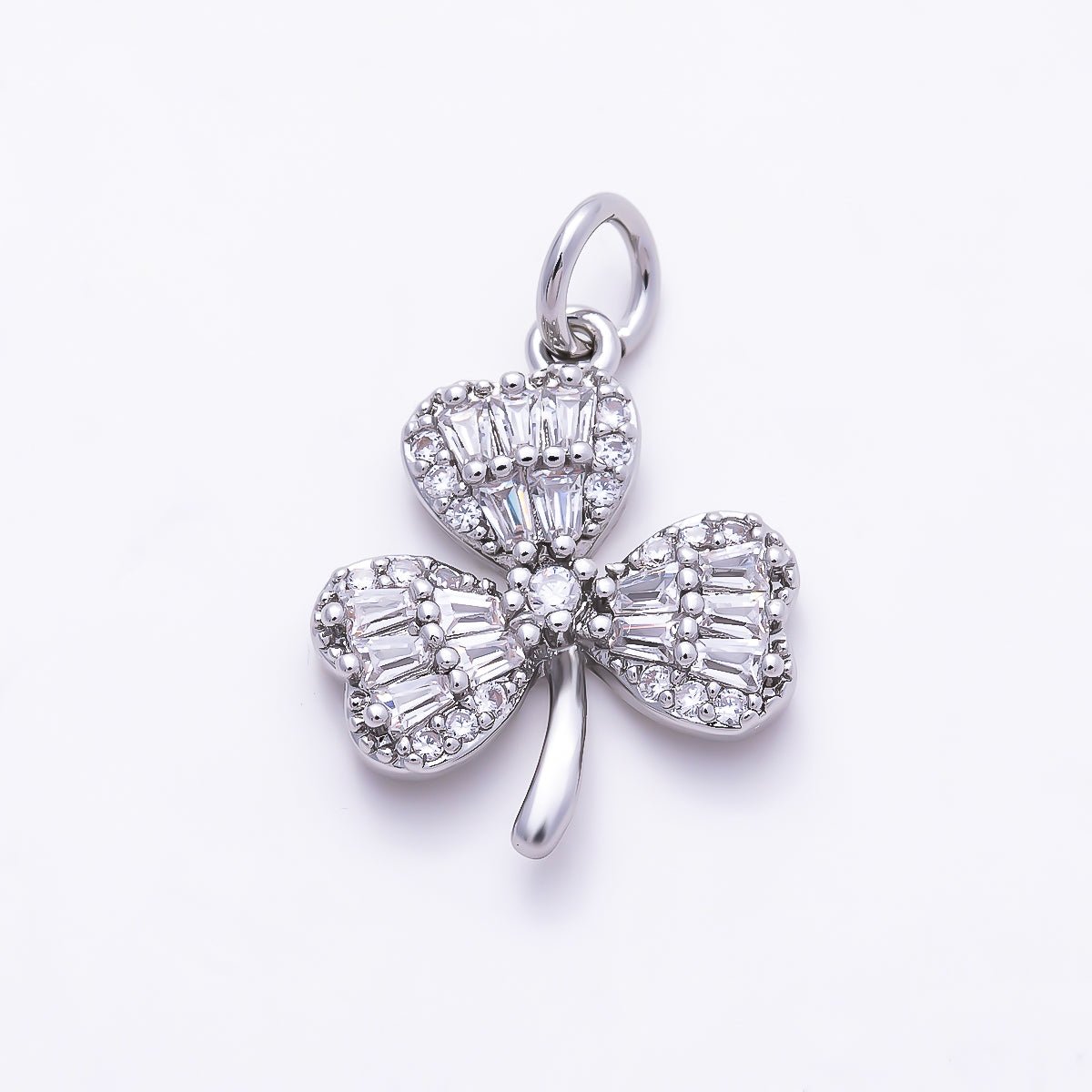 Silver 16.5mm Clear CZ Baguette Micro Paved Clover Plant Charm | Charms-01522