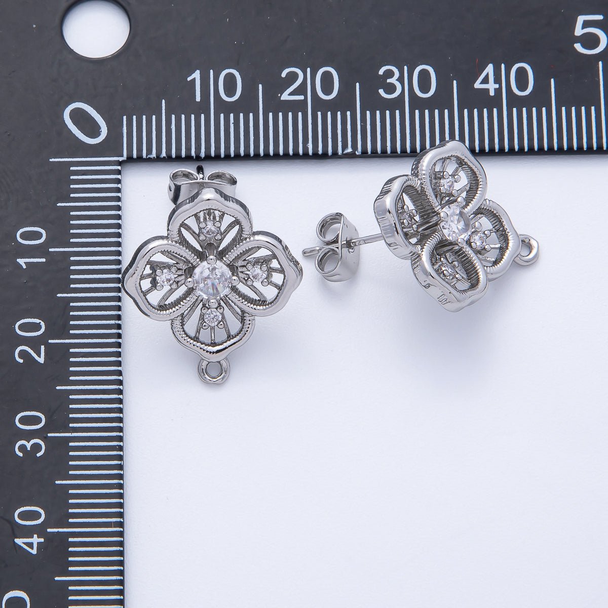 Silver 21mm Clear CZ Open Clover Flower Stud Earrings Findings Supply | Z1667