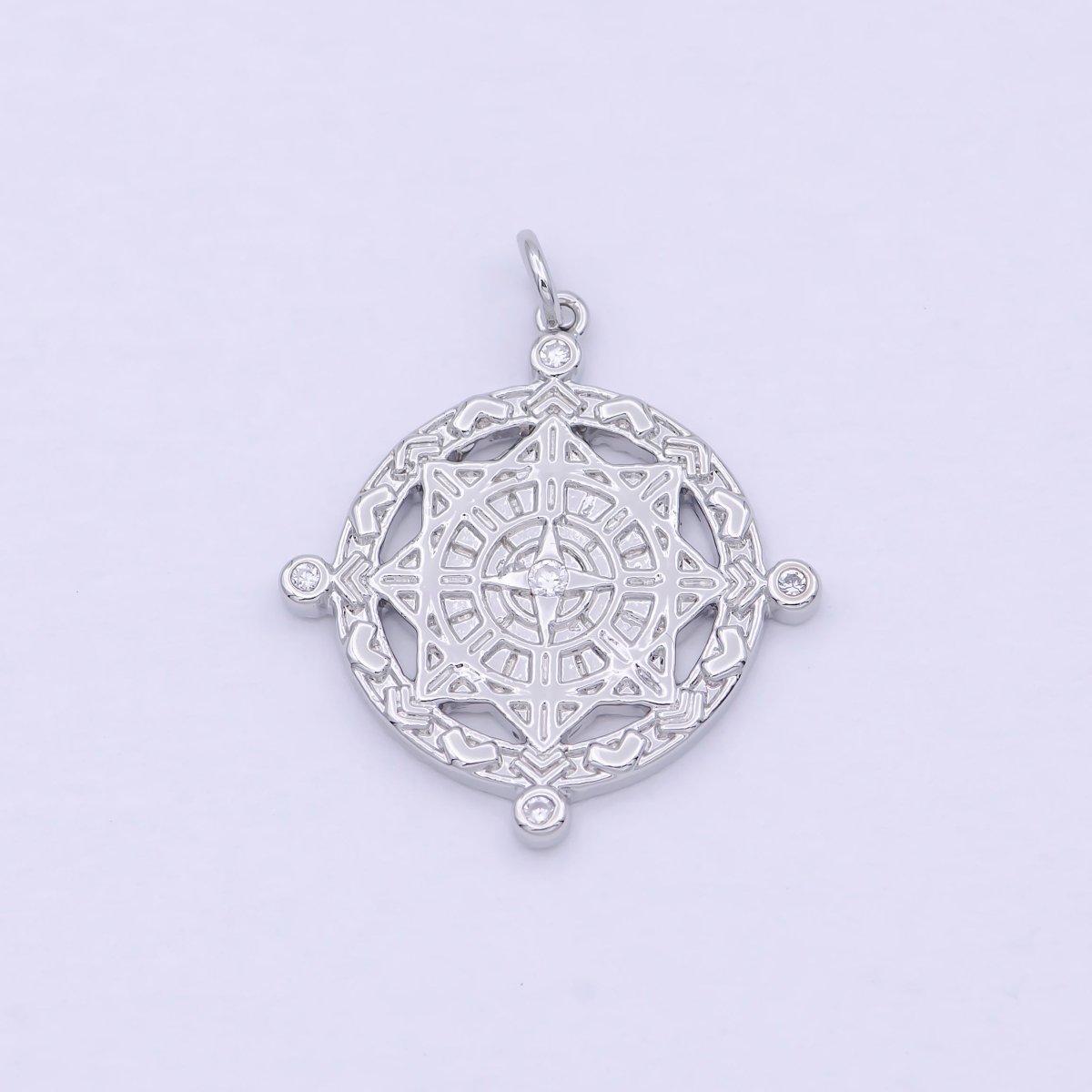 Silver Compass Pendant, cubic zirconia cz diamonds medallion pendant for Necklace Jewelry Making W-182