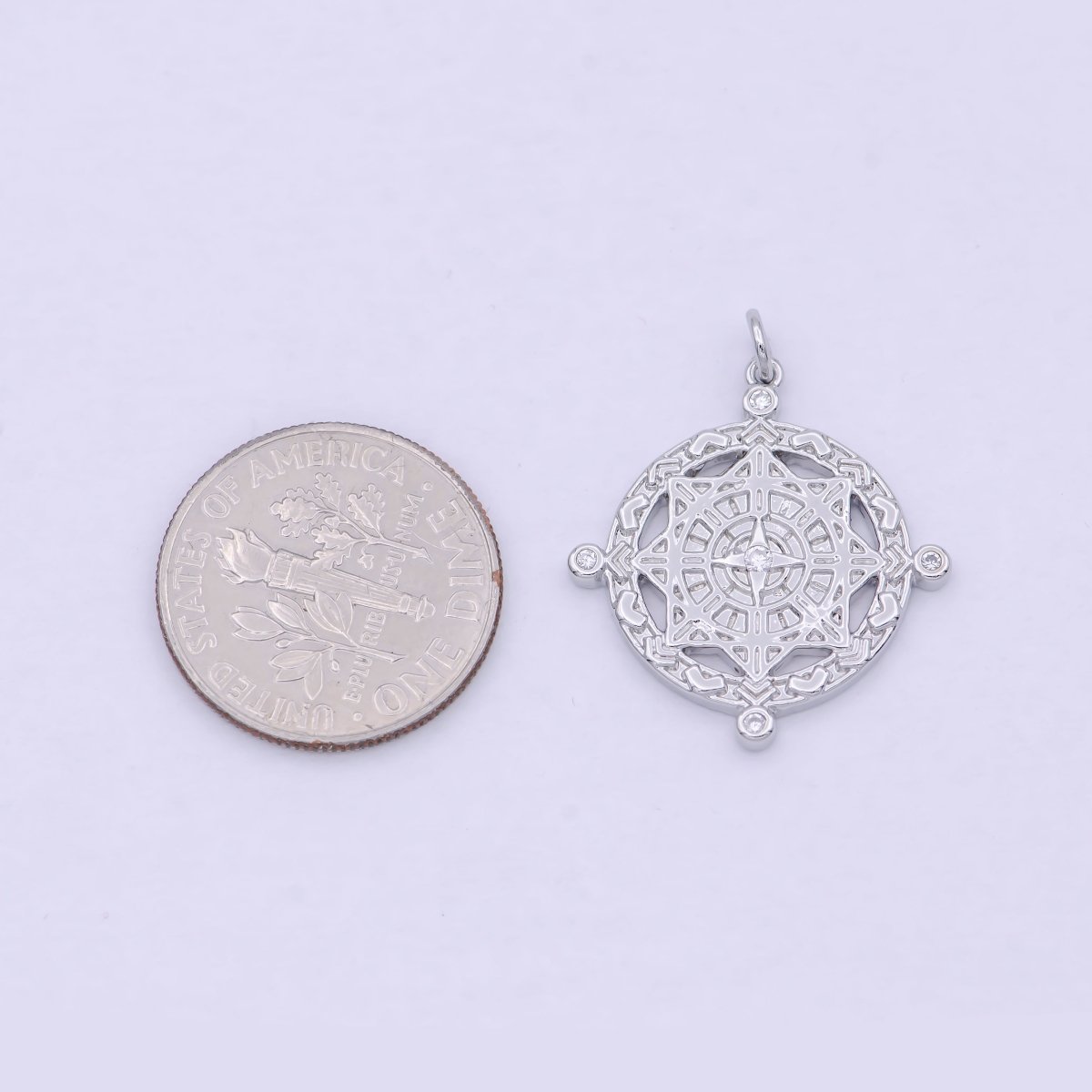 Silver Compass Pendant, cubic zirconia cz diamonds medallion pendant for Necklace Jewelry Making W-182