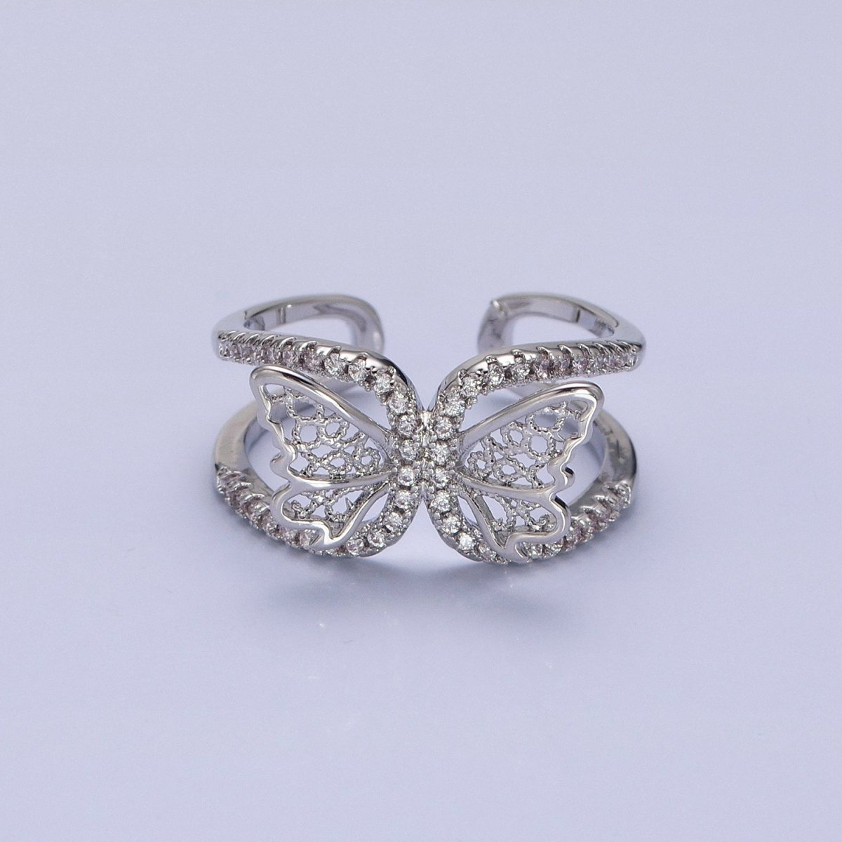 Silver, Gold Butterfly Mariposa Wings Micro Paved CZ Double Band Ring | O-1898 O-1899