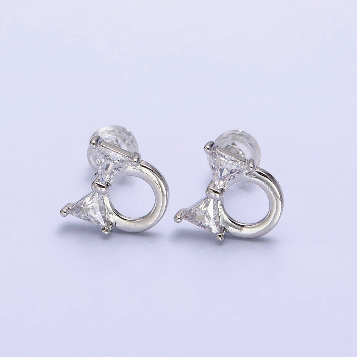 Silver, Gold Clear CZ Ribbon Bow Round Open Geometric Stud Earrings | AB580 AB610