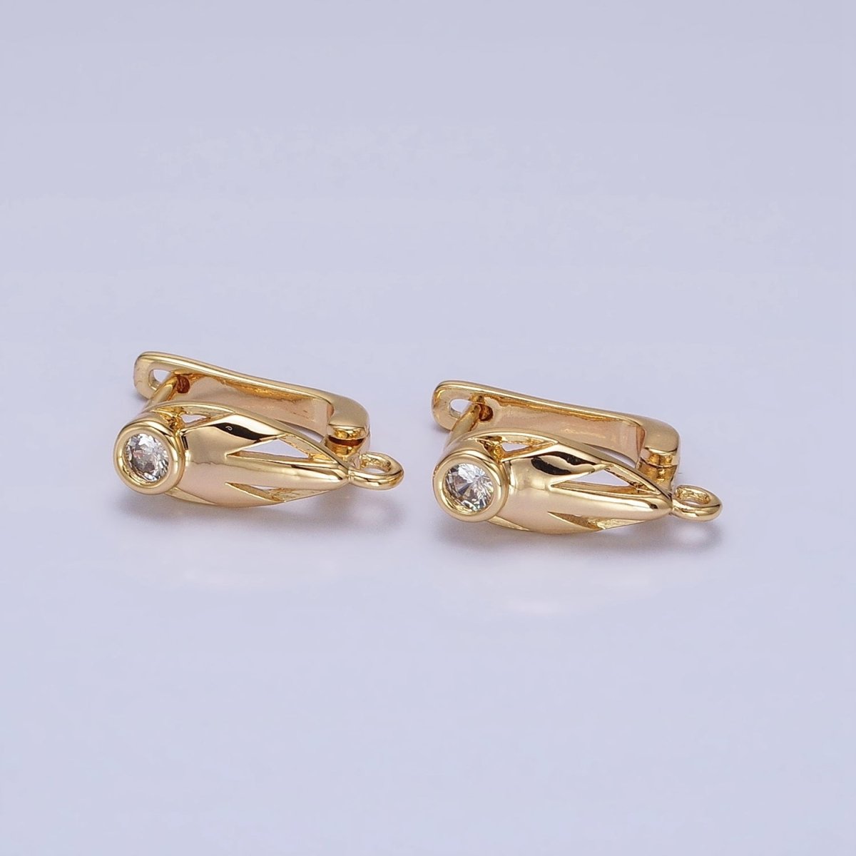 Silver, Gold Geometric Leaf Clear CZ Open Loop English Lock Earring Supply | Z-202 Z-214