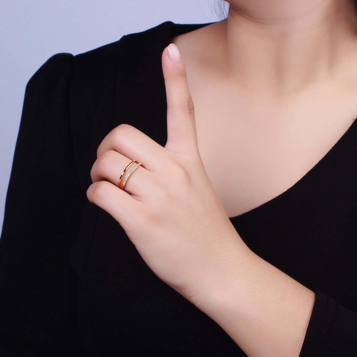 Silver, Gold Minimalist Clear Micro Paved CZ Square Double Band Ring | O-1509 O-1510