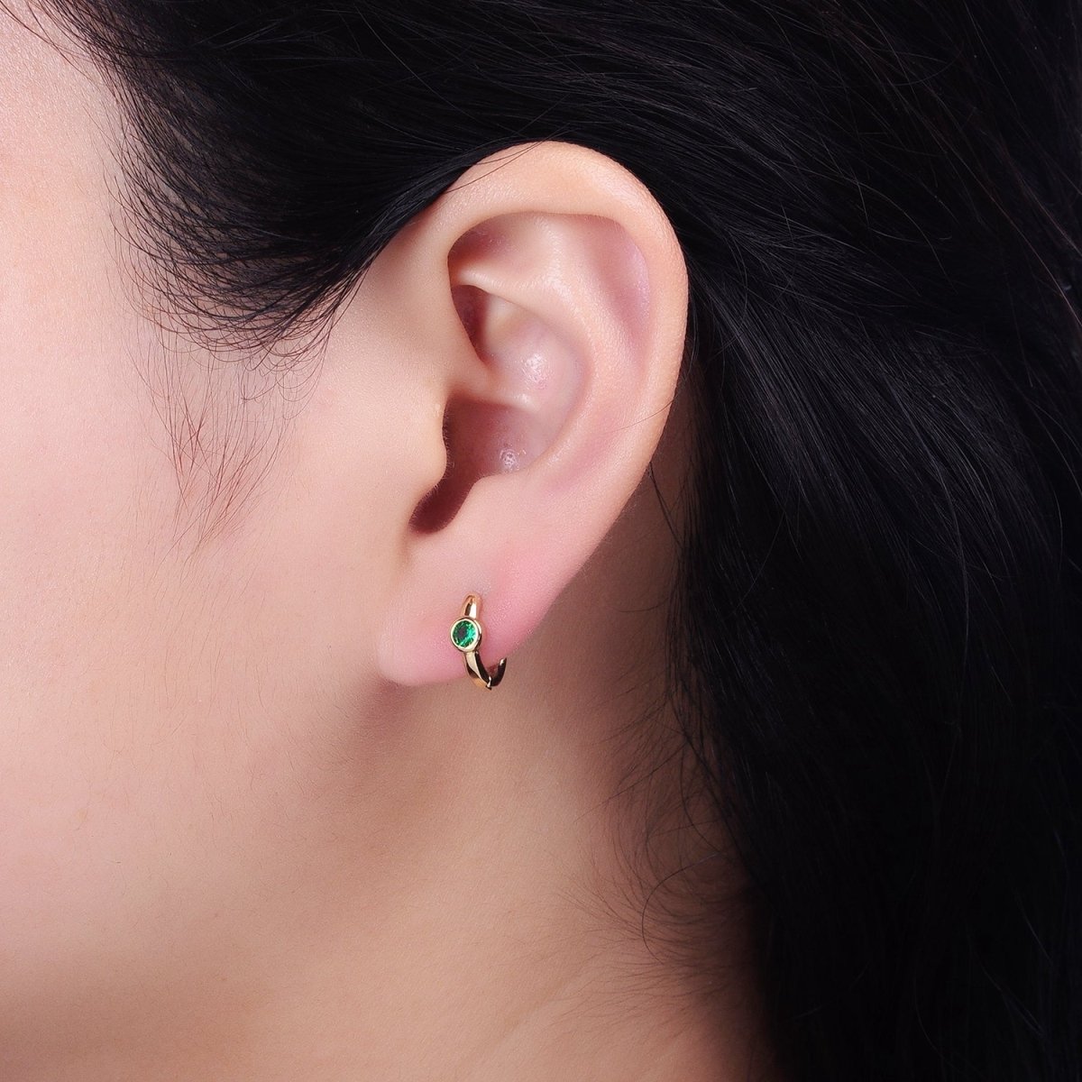 Silver, Gold Round Green CZ 12mm Cartilage Huggie Earrings | AB897 AB914