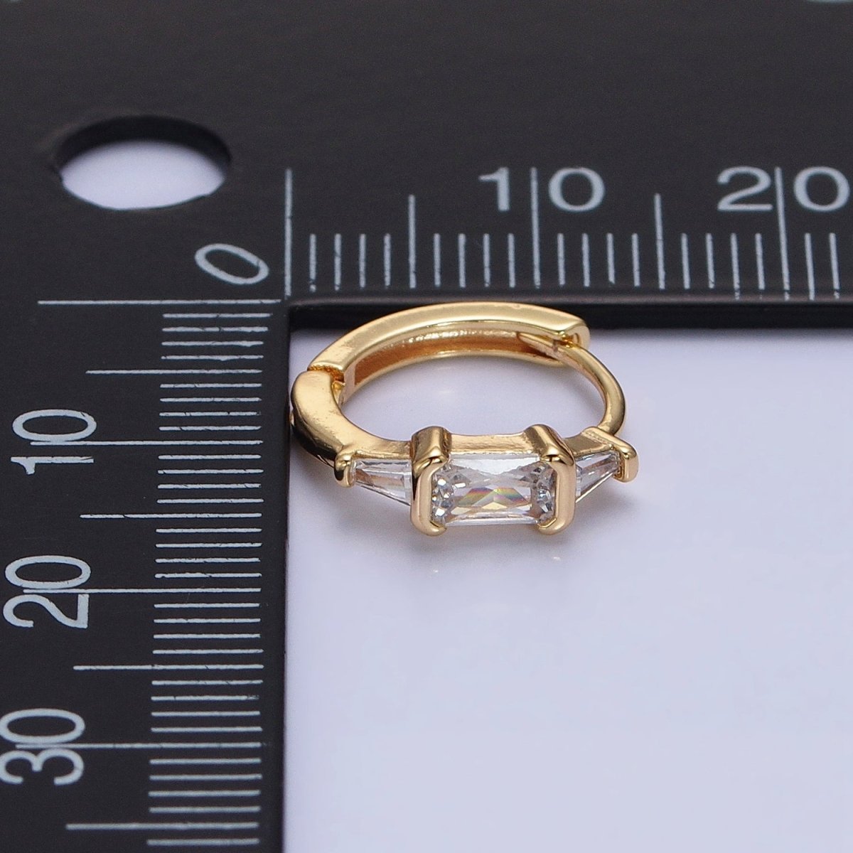 Silver, Gold Triple Clear Baguette CZ 13mm Huggie Earrings | AB1092 AD790
