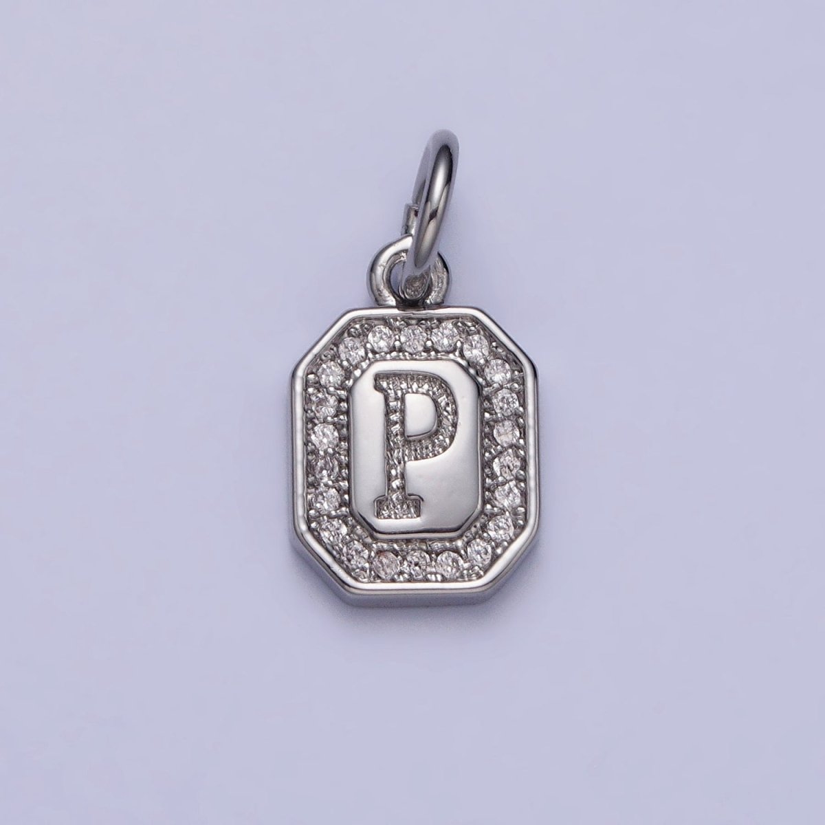Silver Initial Letter A-Z Clear Micro Paved CZ Hexagonal Mini Charm | A-469-A-481