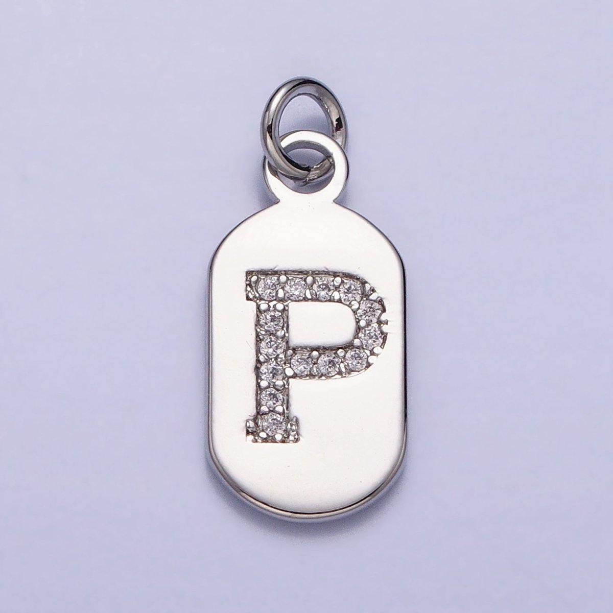 Silver Rectangular Tag CZ Clear Micro Paved Personalized Initial Alphabet Name Tag Charm | A-A1887-A-A1899