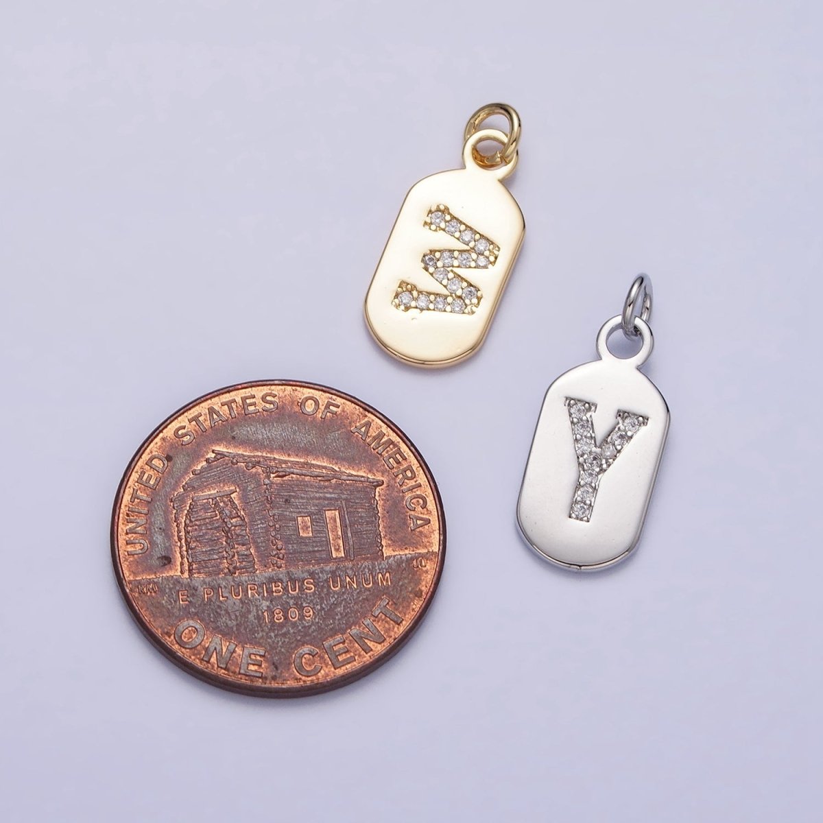 Silver Rectangular Tag CZ Clear Micro Paved Personalized Initial Alphabet Name Tag Charm | A-A1887-A-A1899