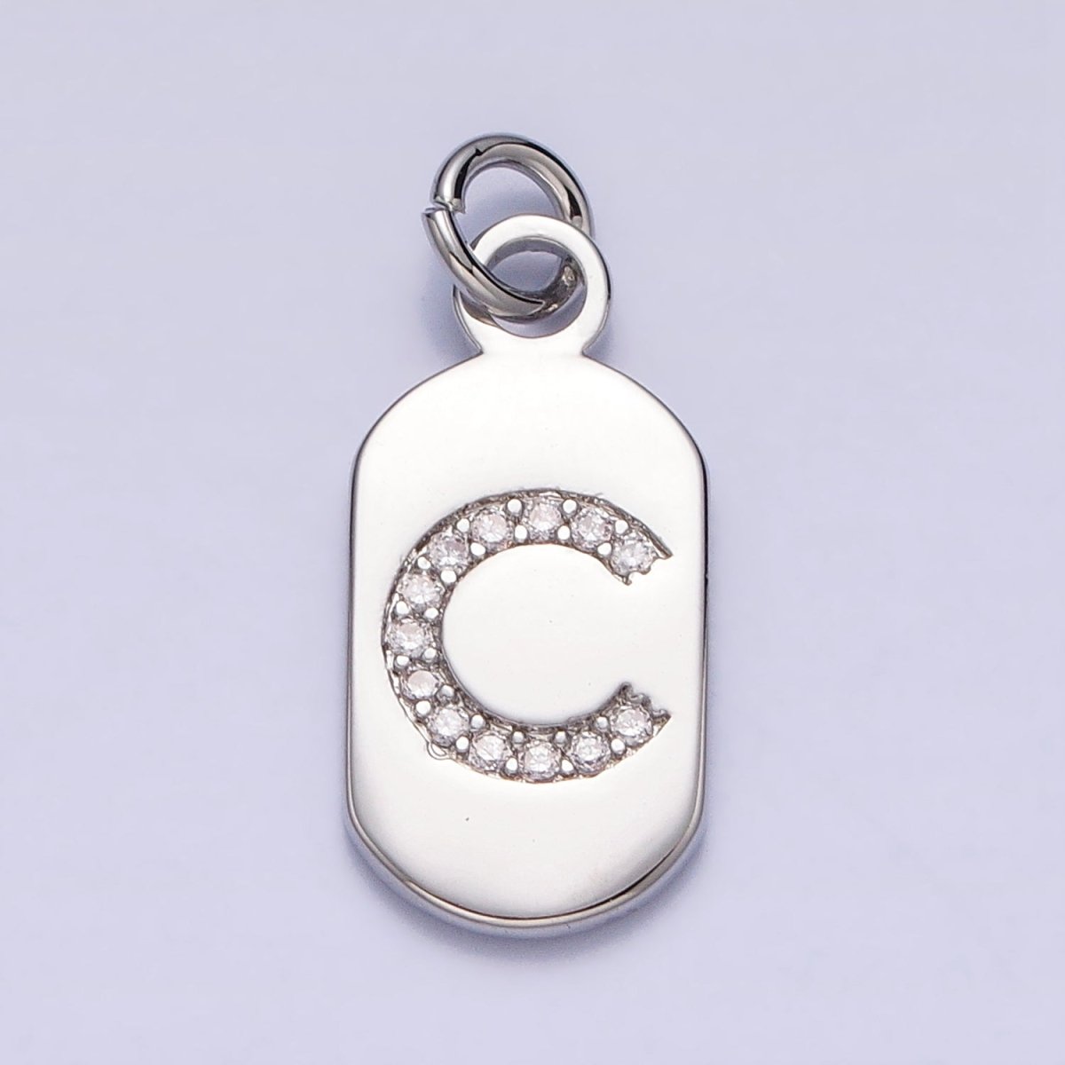 Silver Rectangular Tag CZ Clear Micro Paved Personalized Initial Alphabet Name Tag Charm | A-A1887-A-A1899