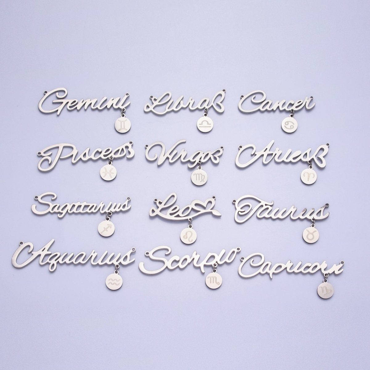 Silver Stainless Steel Zodiac Astrology Cursive Font Mini Symbol Connector Personalized Jewelry Making | A-A1385-A-A1390