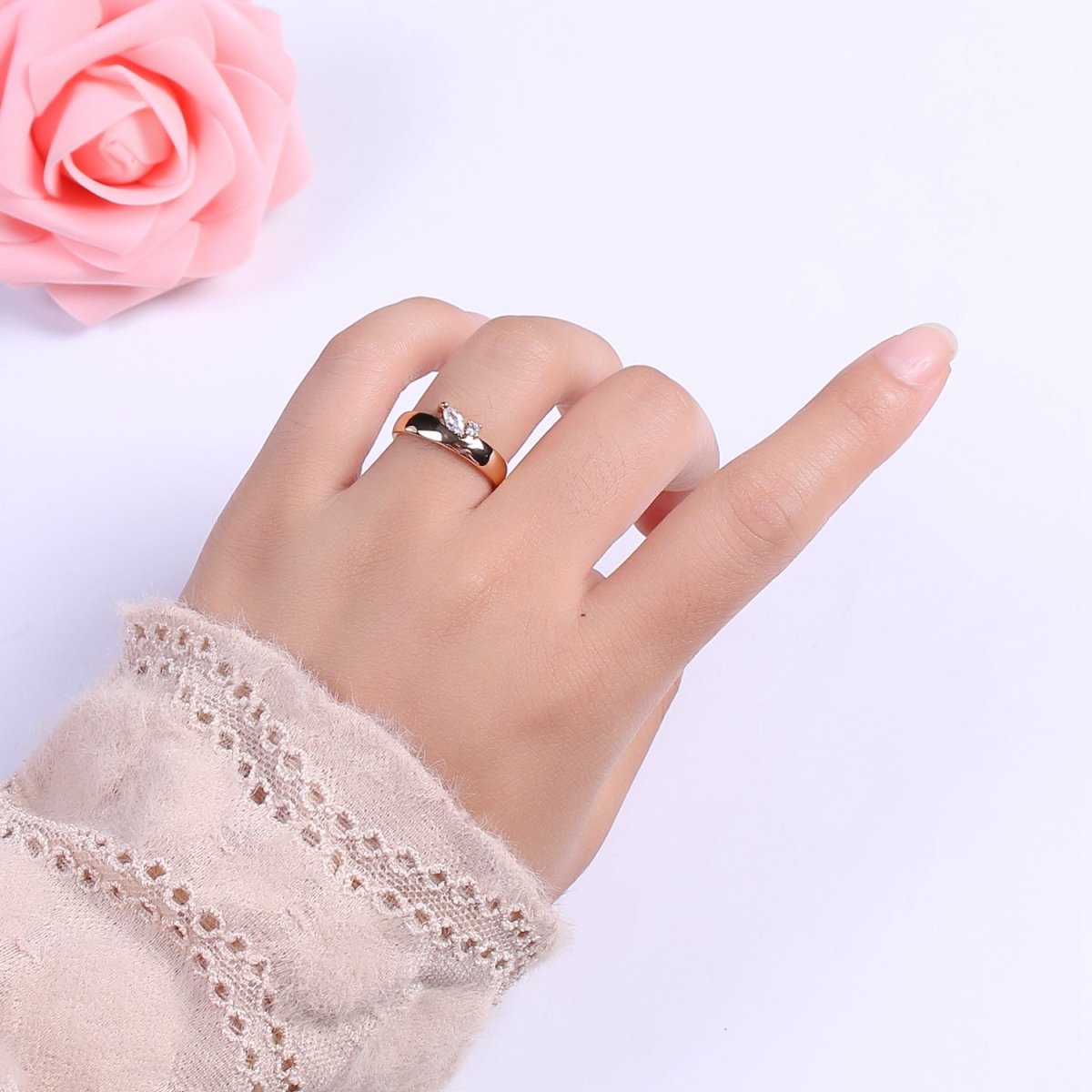 Single Marquise Ring, Cz Ring Stacking Rings Open Adjustable Birthday Gift for Her, Anniversary Gift, Crown Gold Ring S-305