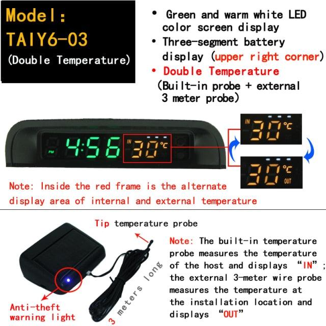Solar Car Digital Clock Thermometer Dual Color Display Smart Switch High Precision LED Digital Clock Dashboard Solar Powered Car Electronic Clock Stick-On Luminous Car Clock Dashboard Auto Clock Car Watch Clock with Adjustable Brightness Date Temperature